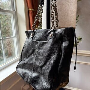 Elliott Lucca Black Leather Tote Bag Chain Strap | Genuine Leather